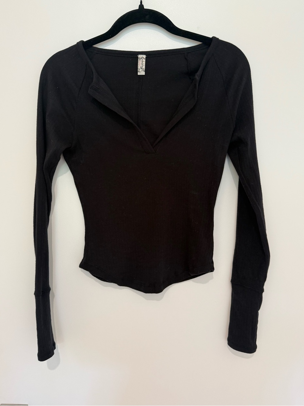 Free People Black Long-Sleeve V-Neck Ribbed Top